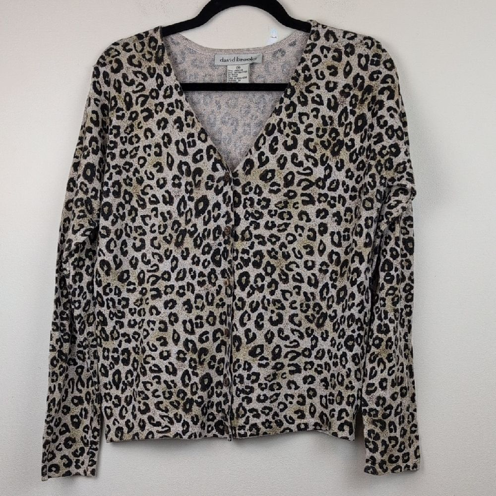 Vintage David Brooks Linen Cotton Blend Leopard Print Cardigan Sweater Size M
